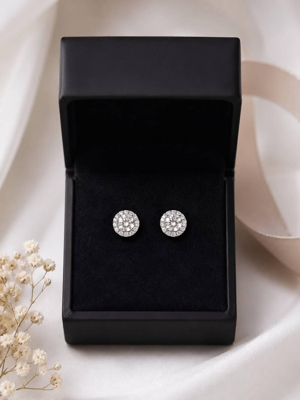 925 Sterling Silver Moissanite Halo Stud Earrings D Color Screw Back GRA Certify